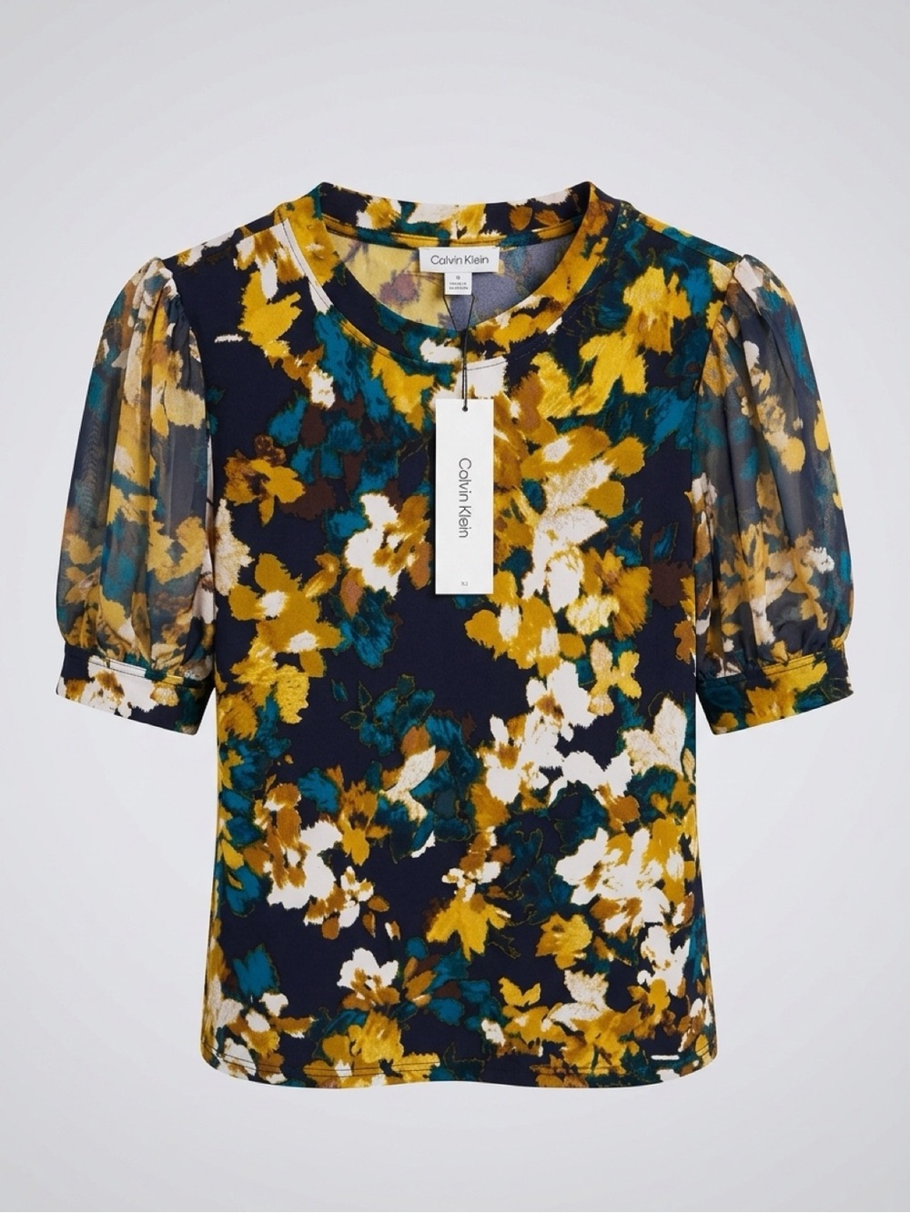 Calvin Klein Women's Floral Puff-Sleeve Top - Navy, Mustard, Teal, White
